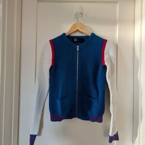 Agnes B. Sport Blue Red Knit Full Zip Sweater Jacket Size 1 Small